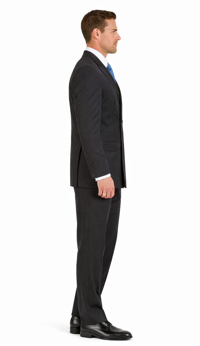 Dark gray double-breasted suit with pinstripes. Features a structured jacket with notched lapels and a double-button closure. Tailored trousers with a straight leg. Suitable for formal wear.
