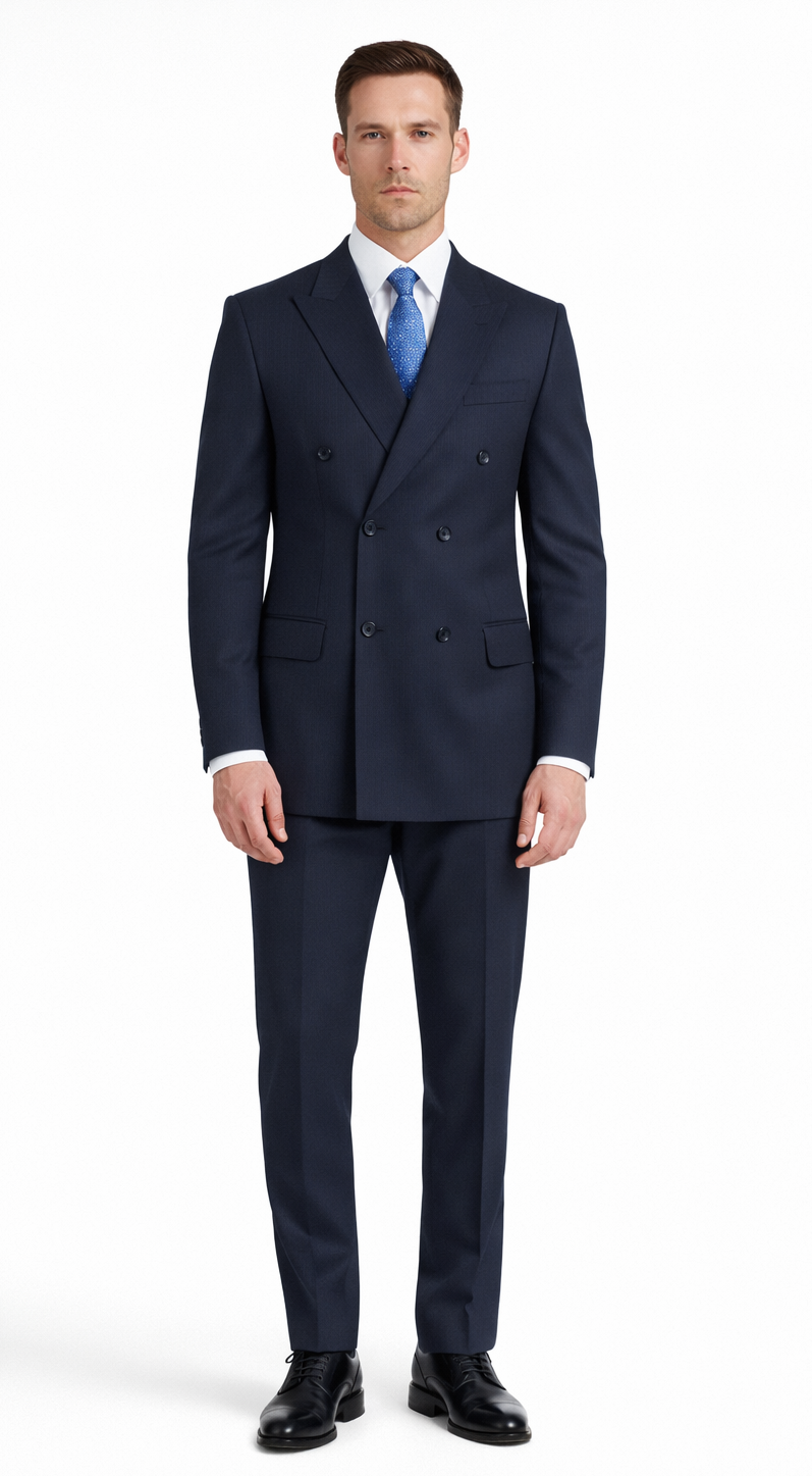 Navy double-breasted suit with a structured silhouette. Jacket features two rows of buttons and is paired with matching trousers for a cohesive, classic look.
