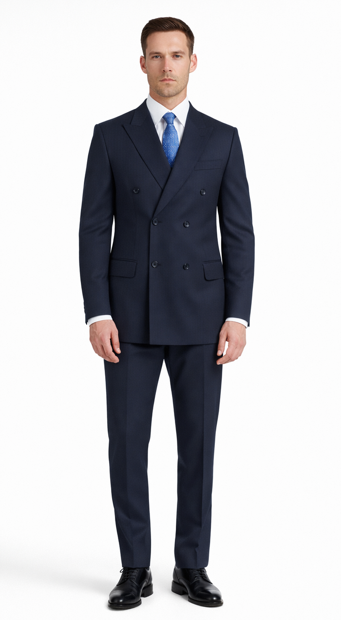 Navy double-breasted suit with a structured silhouette. Jacket features two rows of buttons and is paired with matching trousers for a cohesive, classic look.
