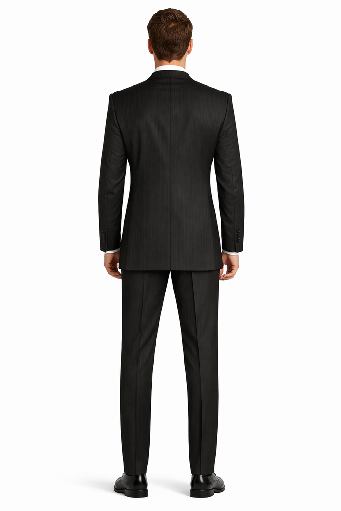 "Double Breasted Black Pinstripe Suit - Men's Classic Peak Lapel"
