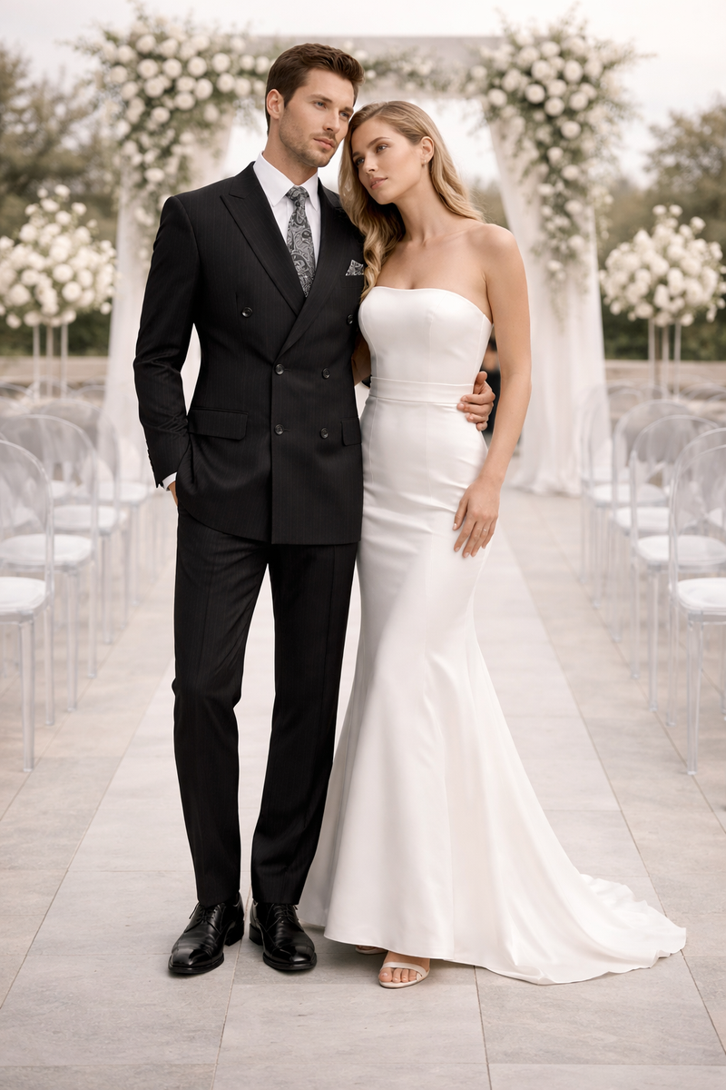 "Double Breasted Black Pinstripe Suit - Men's Classic Peak Lapel"