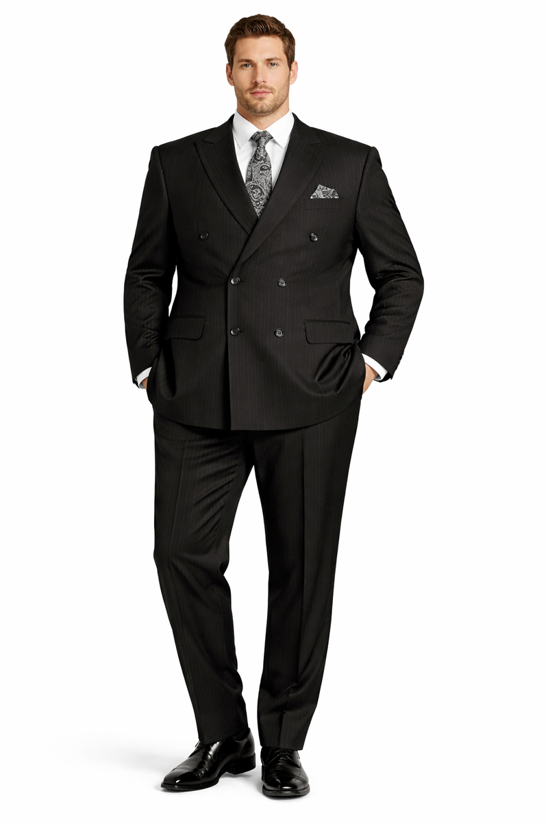 "Double Breasted Black Pinstripe Suit - Men's Classic Peak Lapel"