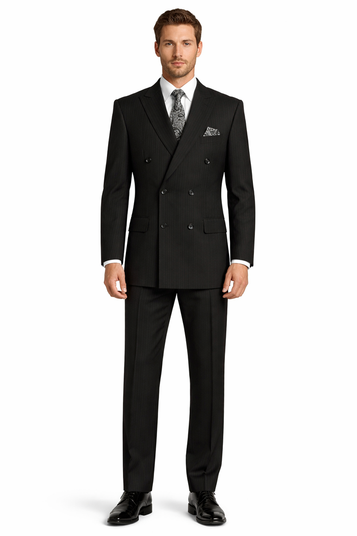 "Double Breasted Black Pinstripe Suit - Men's Classic Peak Lapel"