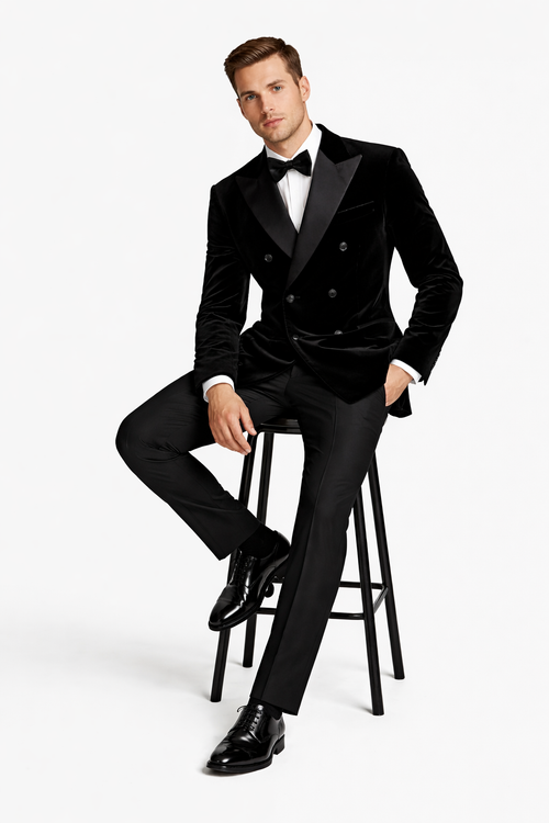 Double Breasted Black Velvet Blazer