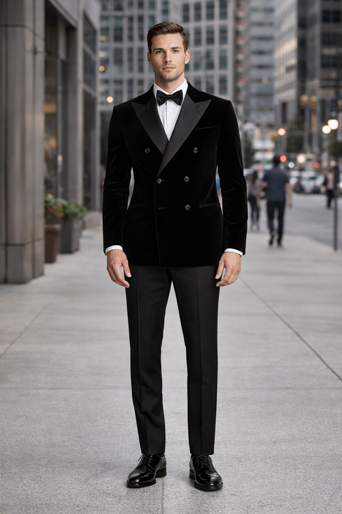 Double Breasted Black Velvet Blazer