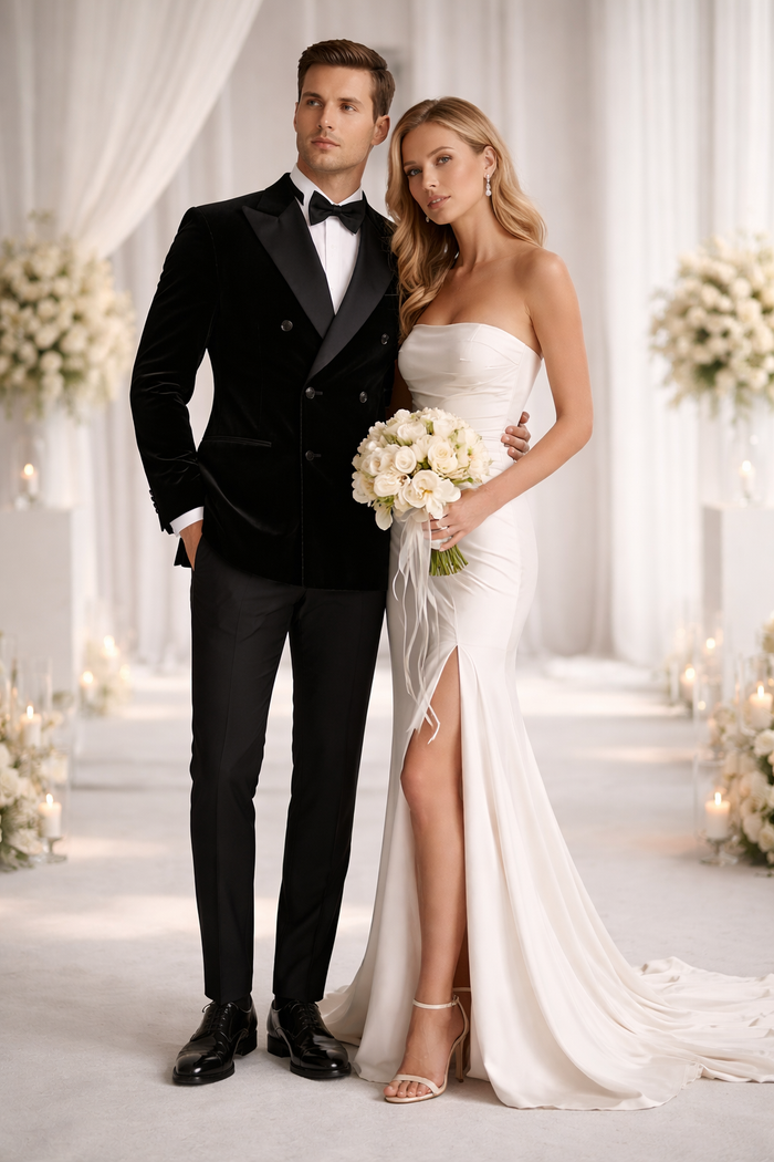 Men’s Black Velvet Double Breasted Blazer with Satin Peak Lapel, Formal Tuxedo Dinner Jacket