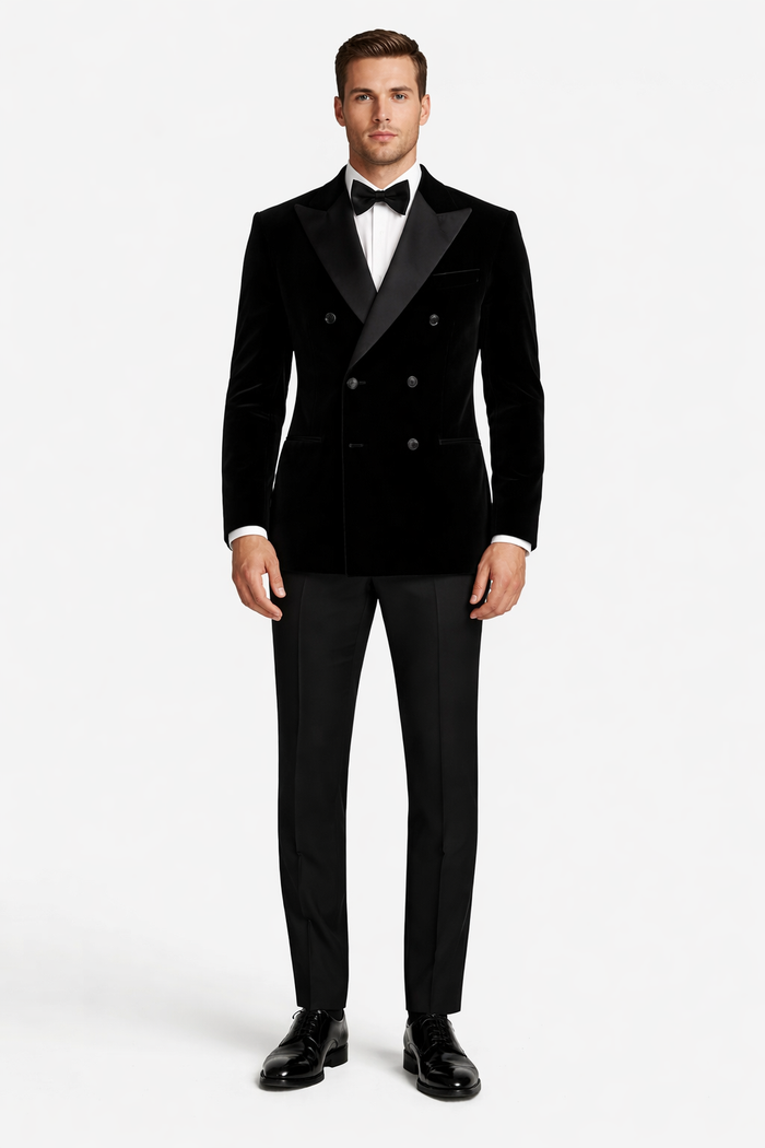 Men’s Black Velvet Double Breasted Blazer with Satin Peak Lapel, Formal Tuxedo Dinner Jacket