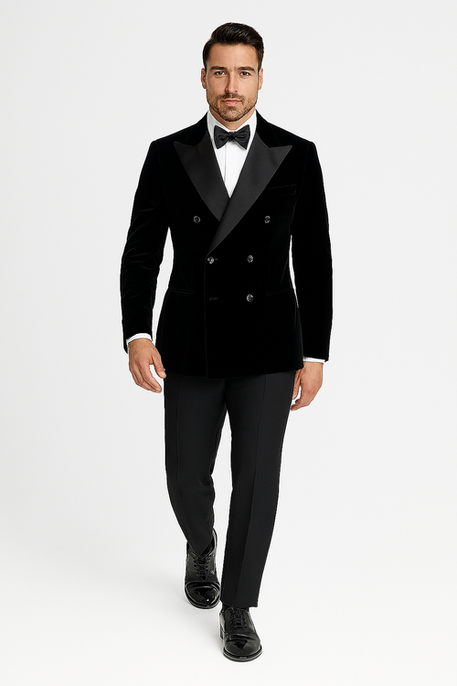 Double Breasted Black Velvet Blazer
