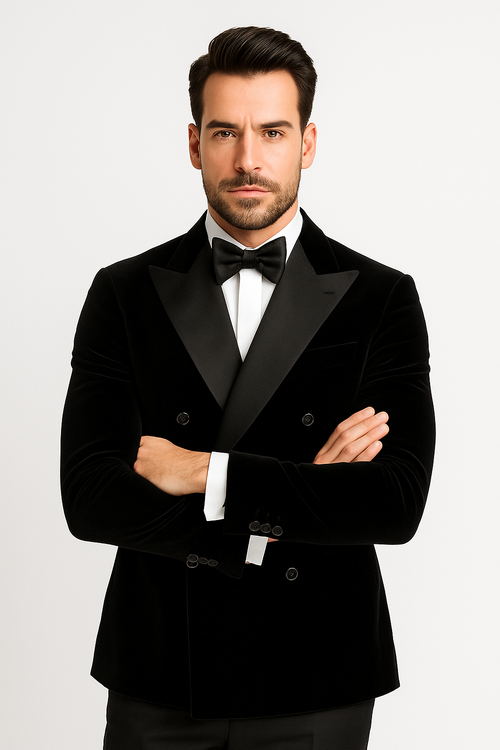 Double Breasted Black Velvet Blazer