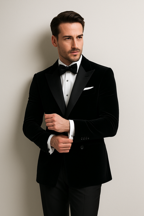 Double Breasted Black Velvet Blazer