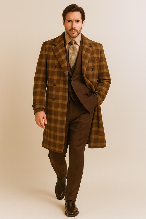 "Men's Double Breasted Wool Overcoat - Full Length, Belted, Brown Windowpane"