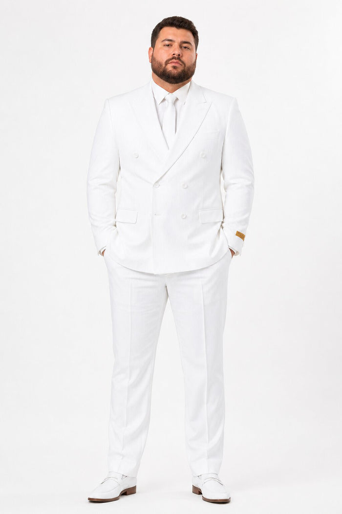Mens Double Breasted Summer Seersucker Suit in White Pinstripe