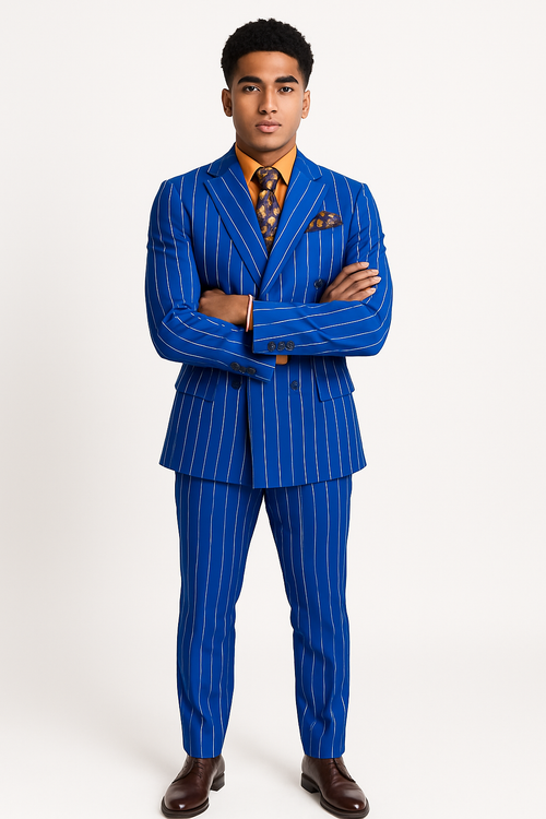 Mens Double Breasted Blazer Suit Jacket - Bold Pinstripe Sport Coat in Royal and White Pinstripe