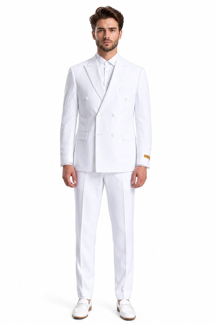 Mens Double Breasted Summer Seersucker Suit in White Pinstripe