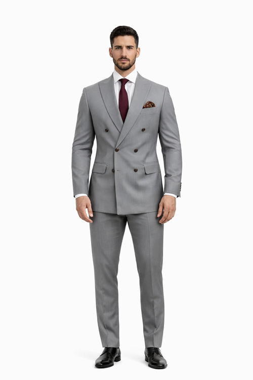 Double Breasted Slim Fit Suit - Dark Gray Suit - Tapred Fit Pants