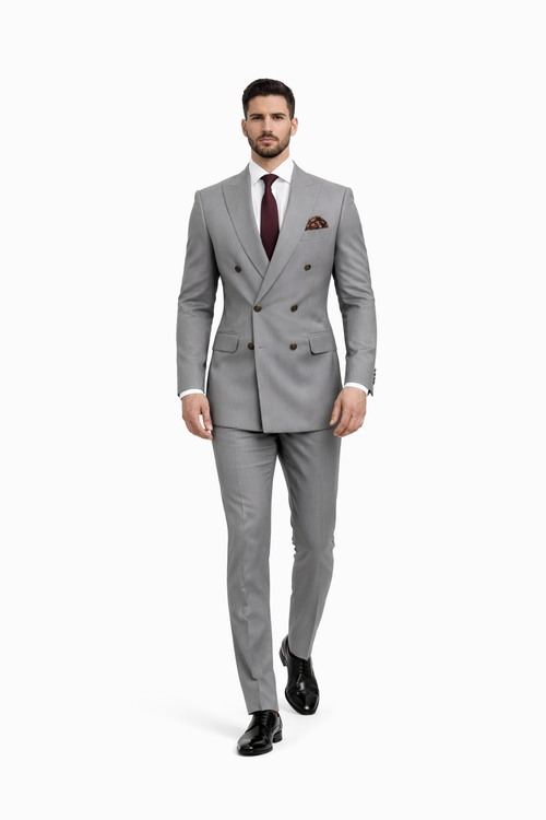 Double Breasted Slim Fit Suit - Dark Gray Suit - Tapred Fit Pants
