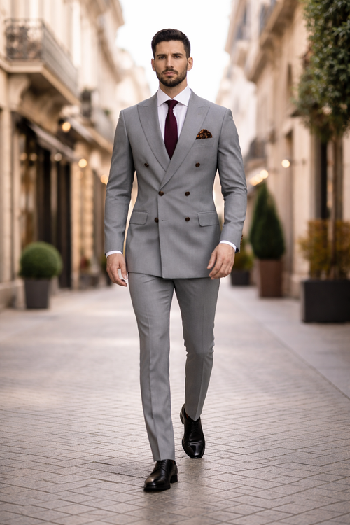 Double Breasted Slim Fit Suit - Dark Gray Suit - Tapred Fit Pants