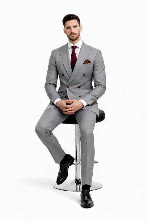 Double Breasted Slim Fit Suit - Dark Gray Suit - Tapred Fit Pants