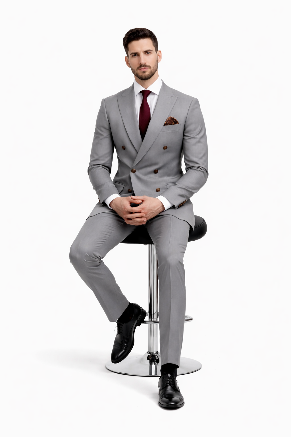 Double Breasted Slim Fit Suit - Dark Gray Suit - Tapred Fit Pants
