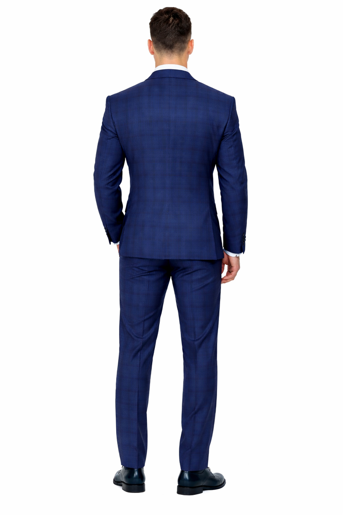Double Breasted Slim Fit Suit - Indigo Blue Plaid Suit - Saphire Color