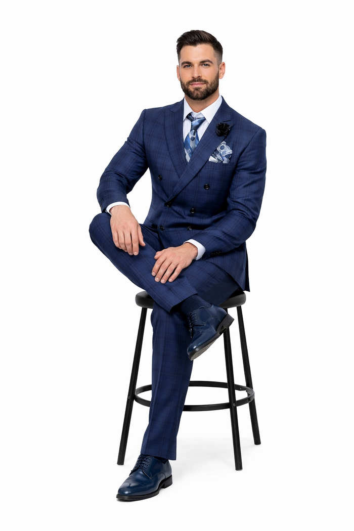 Double Breasted Slim Fit Suit - Indigo Blue Plaid Suit - Saphire Color