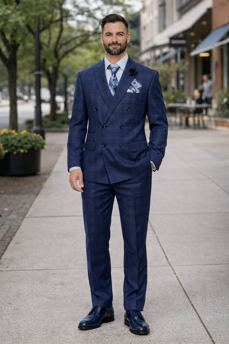 Double Breasted Slim Fit Suit - Indigo Blue Plaid Suit - Saphire Color