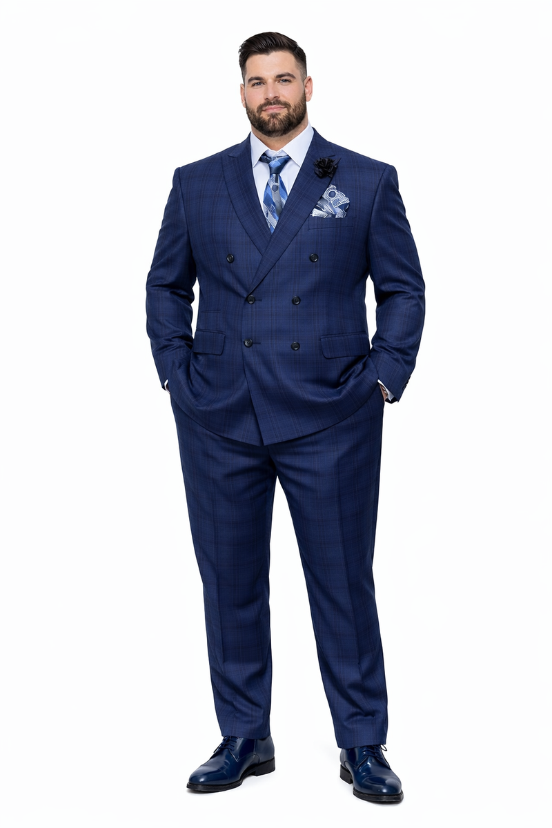 Double Breasted Slim Fit Suit - Indigo Blue Plaid Suit - Saphire Color