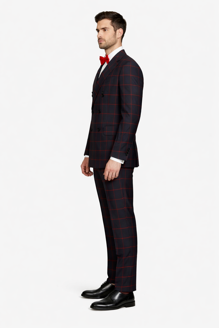 Double Breasted Suit in Black and Red Plaid Window Pane Suit - Gangster Suit 1920s Suit