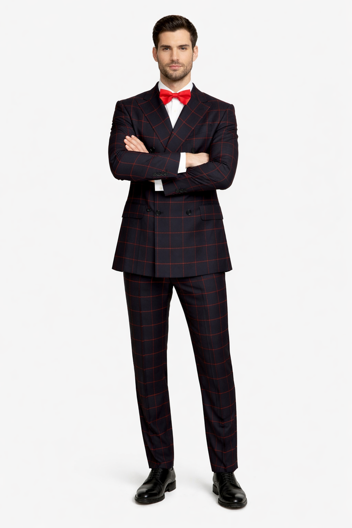 Double Breasted Suit in Black and Red Plaid Window Pane Suit - Gangster Suit 1920s Suit
