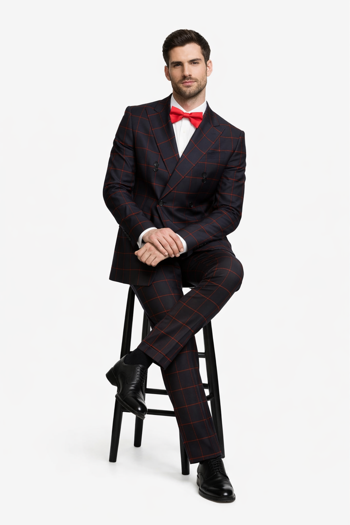 Double Breasted Suit in Black and Red Plaid Window Pane Suit - Gangster Suit 1920s Suit