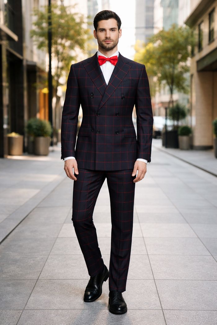 Double Breasted Suit in Black and Red Plaid Window Pane Suit - Gangster Suit 1920s Suit