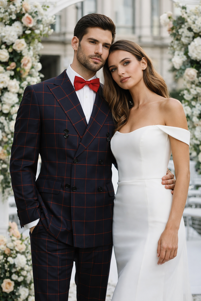 Double Breasted Suit in Black and Red Plaid Window Pane Suit - Gangster Suit 1920s Suit