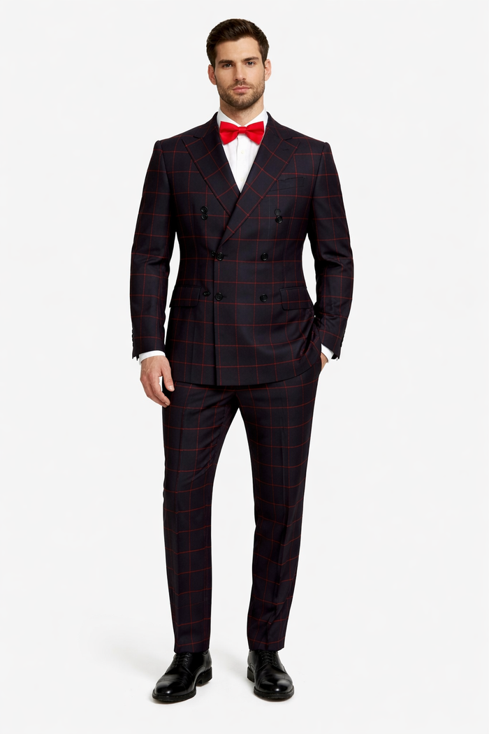 Double Breasted Suit in Black and Red Plaid Window Pane Suit - Gangster Suit 1920s Suit