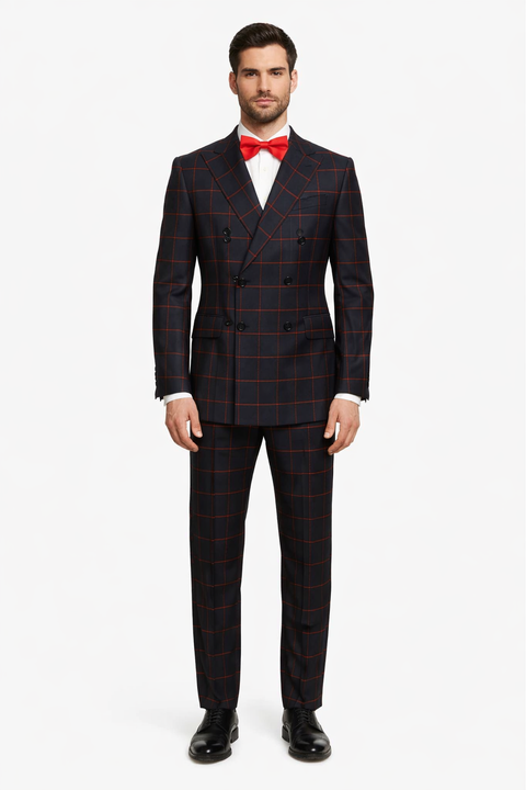 Double Breasted Suit in Black and Red Plaid Window Pane Suit - Gangster Suit 1920s Suit