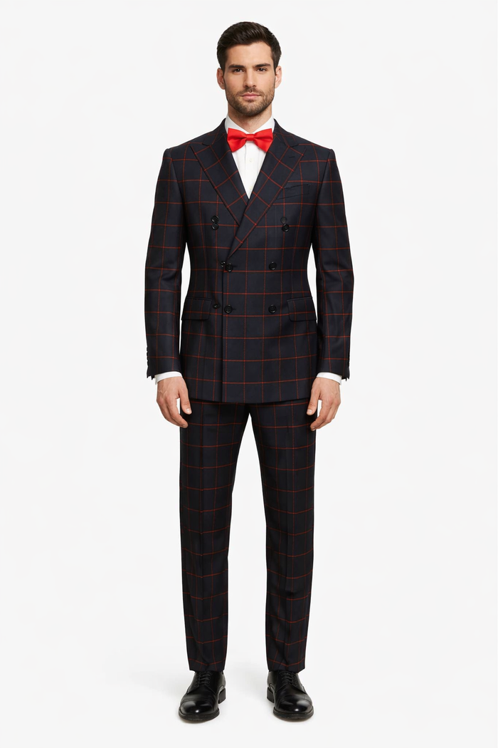 Double Breasted Suit in Black and Red Plaid Window Pane Suit - Gangster Suit 1920s Suit