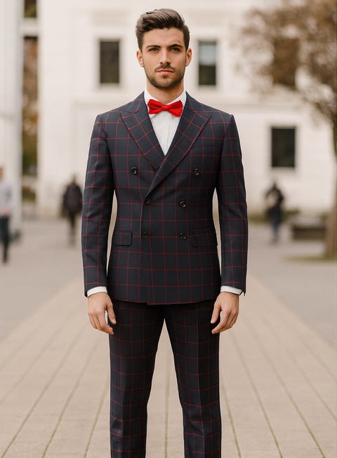 Double Breasted Suit in Black and Red Plaid Window Pane Suit - Gangster Suit 1920s Suit