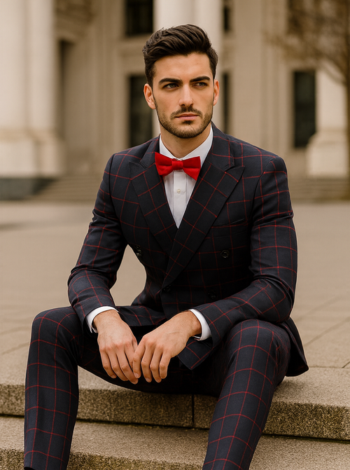 Double Breasted Suit in Black and Red Plaid Window Pane Suit - Gangster Suit 1920s Suit