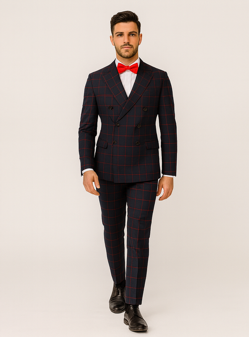 Double Breasted Suit in Black and Red Plaid Window Pane Suit - Gangster Suit 1920s Suit
