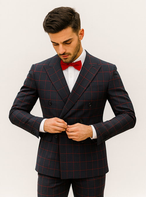 Double Breasted Suit in Black and Red Plaid Window Pane Suit - Gangster Suit 1920s Suit