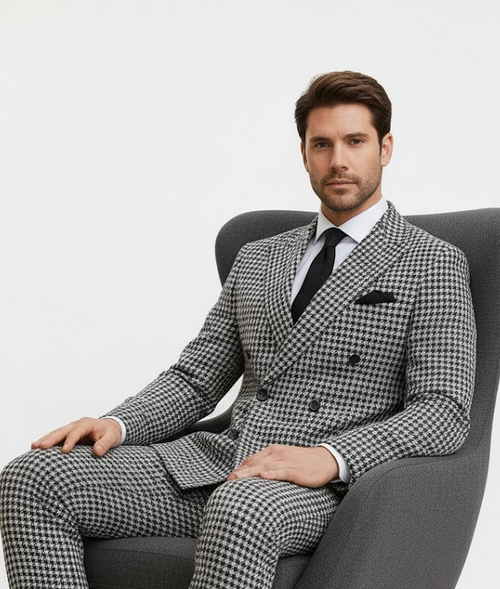 Double Breasted Suits - Vested Suits Wool Fabric  - Black Houndstooth Suit