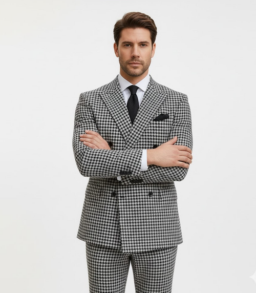 Double Breasted Suits - Vested Suits Wool Fabric  - Black Houndstooth Suit