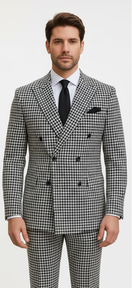 Double Breasted Suits - Vested Suits Wool Fabric  - Black Houndstooth Suit