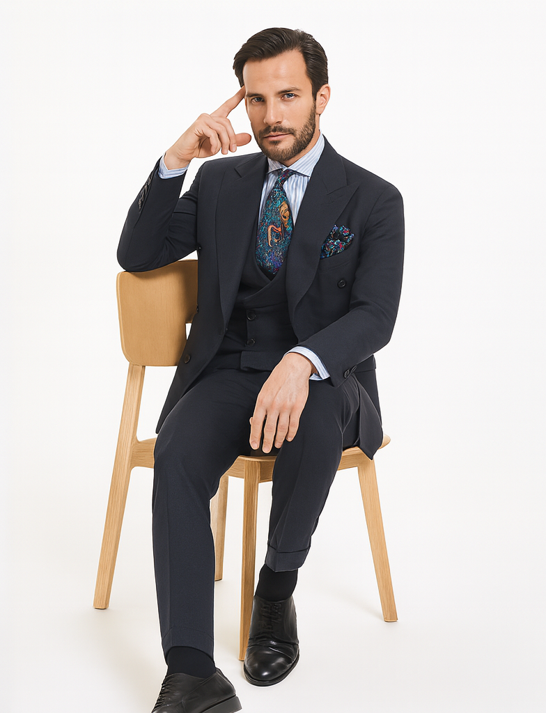 Double Breasted Suits - Vested Suits Wool Fabric - Apolo King Brand - Gray Plaid Suit