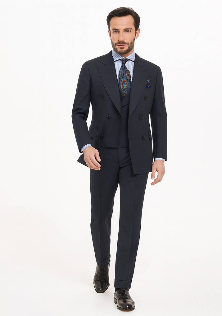 Double Breasted Suits - Vested Suits Wool Fabric - Apolo King Brand - Gray Plaid Suit