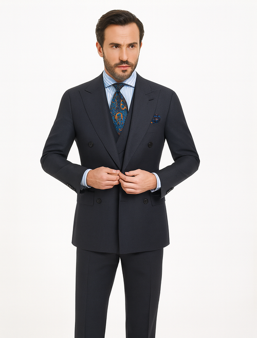 Double Breasted Suits - Vested Suits Wool Fabric - Apolo King Brand - Gray Plaid Suit