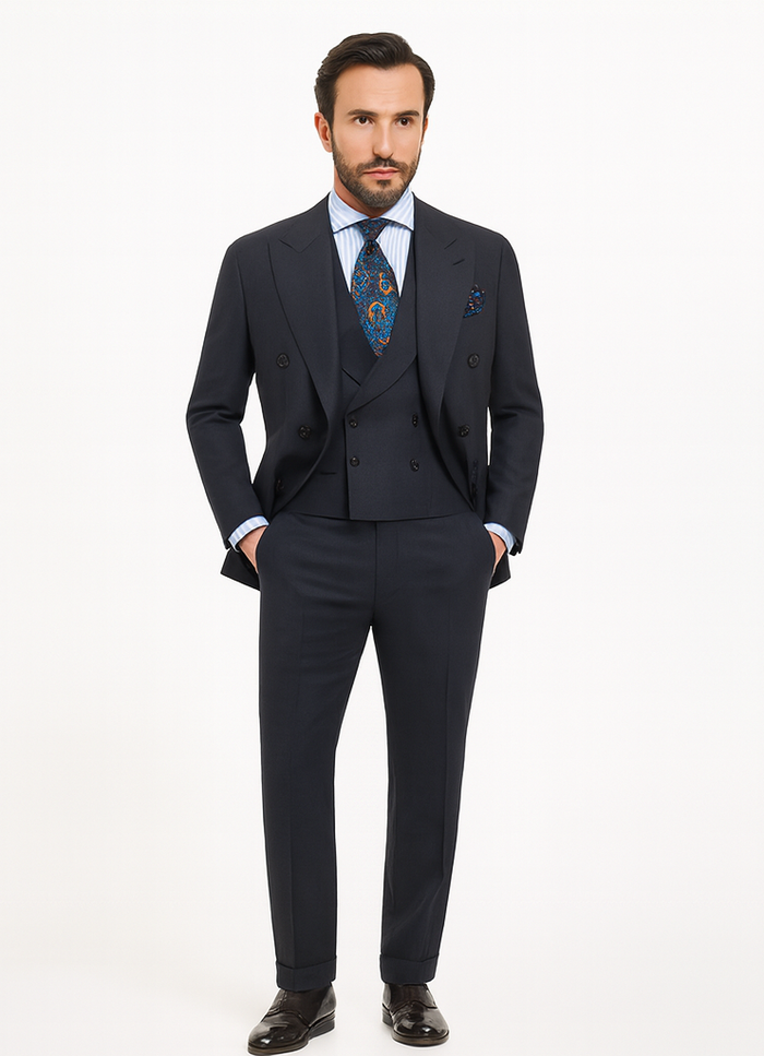 Double Breasted Suits - Vested Suits Wool Fabric - Apolo King Brand - Gray Plaid Suit