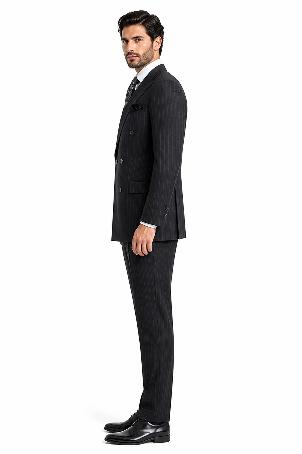 Double Breasted Suits - Vested Suits Wool Fabric - Apolo King Brand - Gray Stripe Suit