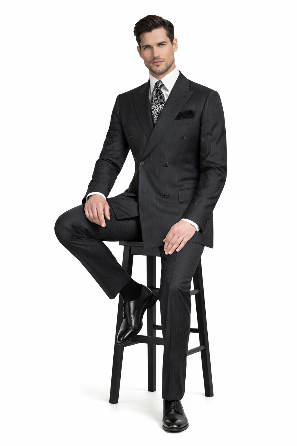 Double Breasted Suits - Vested Suits Wool Fabric - Apolo King Brand - Gray Stripe Suit