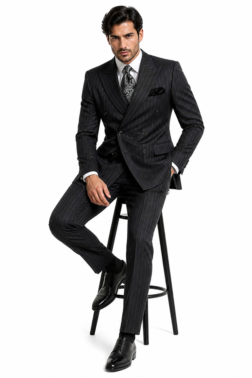 Double Breasted Suits - Vested Suits Wool Fabric - Apolo King Brand - Gray Stripe Suit
