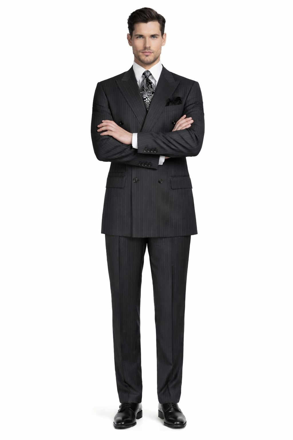 Double Breasted Suits - Vested Suits Wool Fabric - Apolo King Brand - Gray Stripe Suit